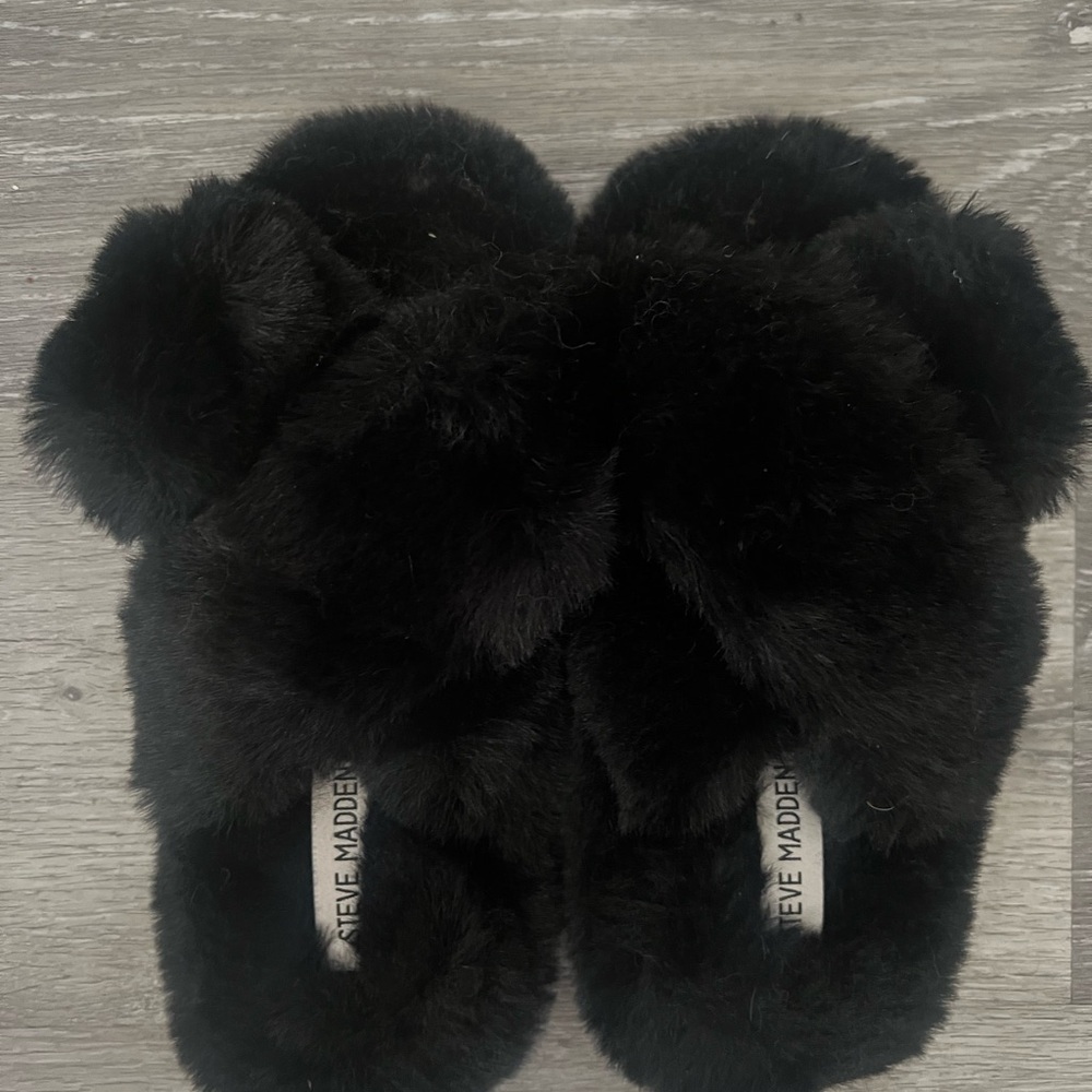 Well worn Steve Madden Black Fuzzy Slippers